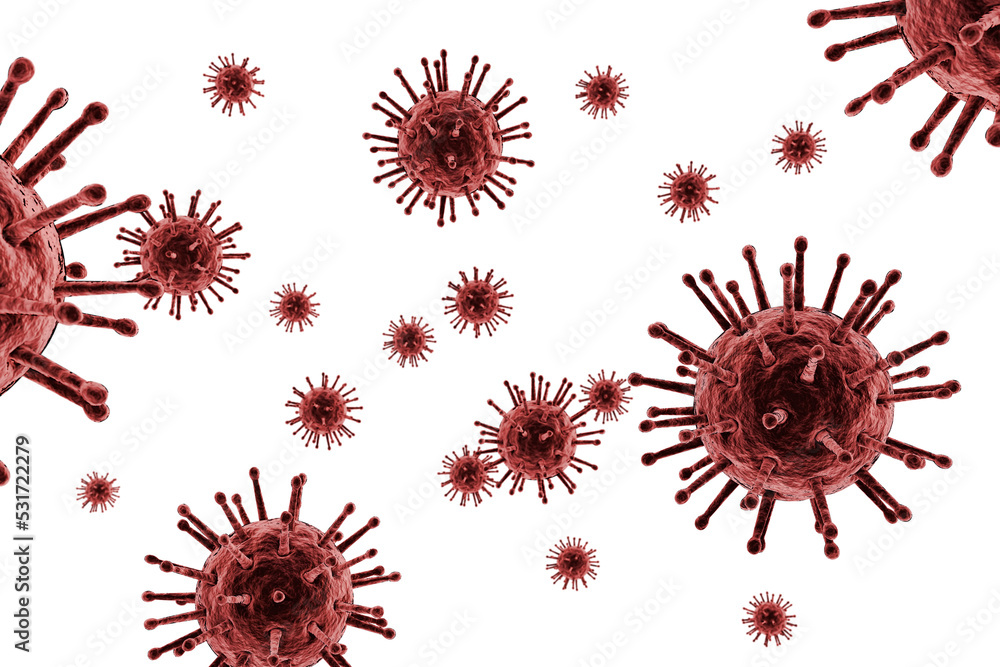 Poster image of multiple red covid 19 cells floating