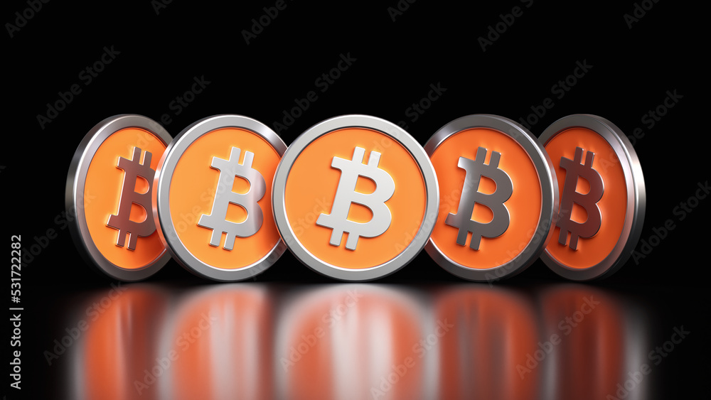 Poster 5 bitcoin crypto coins seen from several different angles. illustrative design suitable for cryptocu