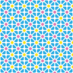 Colorful donut and square pattern on blue background. Linked diagonal line on square and circle shape. White line with pink and yellow dot pattern on blue background.