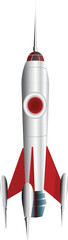 Illustration of close up of rocket space ship in silver and red