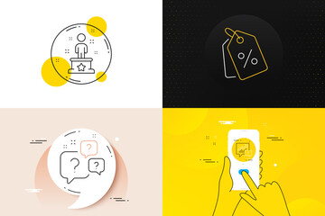 Minimal set of Success, Accounting and Discount tags line icons. Phone screen, Quote banners. Question bubbles icons. For web development. Winner person, Supply and demand, Sale coupons. Faq. Vector
