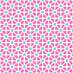 Colorful donut and square pattern on pink background. Linked diagonal line on square and circle shape. White line with blue dot pattern on pink background.