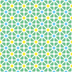 Colorful donut and square pattern on green background. Linked diagonal line on square and circle shape. White line with yellow and blue dot pattern on green background. Pastel color texture.
