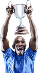 Image of happy african american football player holding up silver trophy cup