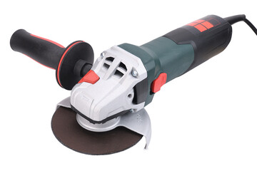 Angle grinder with a disc for cutting stainless steel metal on a white background.