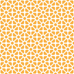 Colorful donut and square pattern on orange background. Linked diagonal line on square and circle shape. White line with orange dot pattern on orange background.