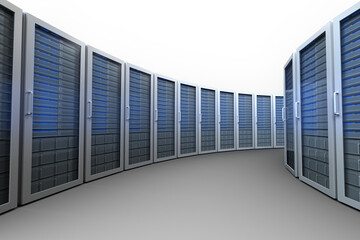Image of rows of computer servers with blue lights on