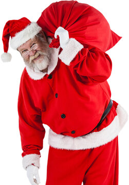 Image of smiling santa claus with red sack with christmas presents