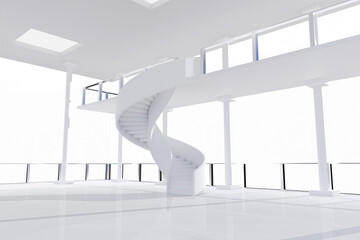 Image of white interiors with spiral staircase