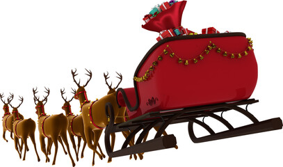 Image of santa claus christmas sleigh with presents pulled by reindeers - obrazy, fototapety, plakaty