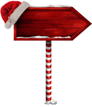 Image of red wooden christmas sign board with santa hat and copy space