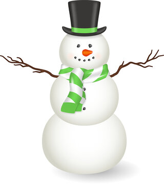 Vertical image of a smiling christmas snowman with top hat and green and white scarf