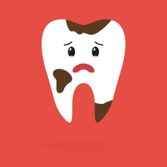 An unhealthy tooth that is upset on a red background. Vector illustration