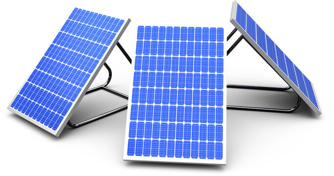 Image of three portable solar panels on metal stands