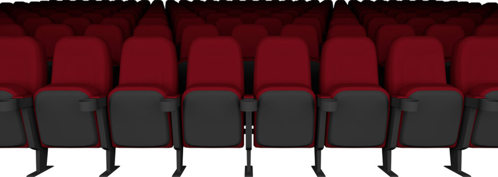 Image of rows of empty, folded red theatre or cinema seats