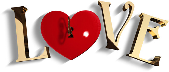 Image of love text in gold letters and red heart shaped box with key
