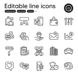 Set of Business outline icons. Contains icons as Spanner tool, New mail and Baggage reclaim elements. Wallet, Skyscraper buildings, Refrigerator web signs. Taxi, Spanner. Vector