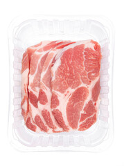 Raw pork neck chops, pork collar cutlets in a plastic container, isolated, top view. Packshot photo...