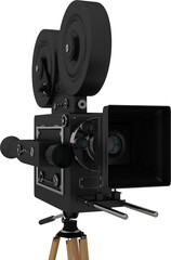 Vertical image of a vintage style movie camera on wooden tripod - obrazy, fototapety, plakaty