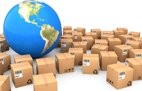 Image of globe and sealed, labelled, barcoded cardboard boxes ready for transportation