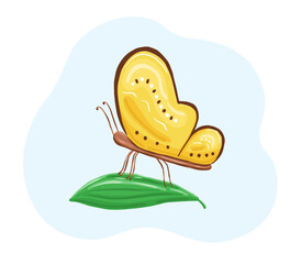 Vector butterfly on green leaf in cartoon style