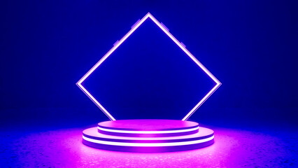 Futuristic Sci-Fi Abstract Blue And Purple Neon Light square On Black Background And Reflective Concrete With Empty Space For Text 3D Rendering, product stand