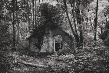 Verlassene und leerstehende Ruine. Horror Haus in schwarzweiss. Eingangsbereich im verlassenen...