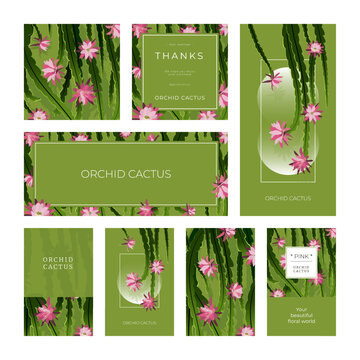 Collection of vector template labels, visit cards, square greeting cards and banners with pink plants, orchid cactus illustration. Business set of design for cosmetics or floral shops.