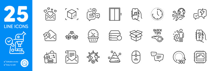 Outline icons set. Employee, Text message and Music app icons. Time, Video conference, Help app web elements. Cloud computing, Lightning bolt, Swipe up signs. Tutorials, Open box, Lift. Vector