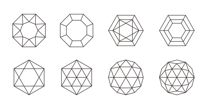 Set of line illustration icons in the shape of gem, jewels, jewellery, crystal, stone, diamond.