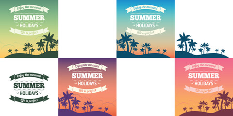 Summer holiday vacation travel background poster with sunset and palm trees vector illustration