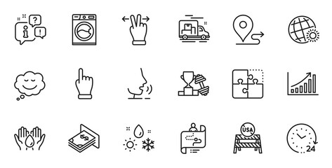 Outline set of 24 hours, Weather and Usa close borders line icons for web application. Talk, information, delivery truck outline icon. Include World weather, Safe water, Click hand icons. Vector