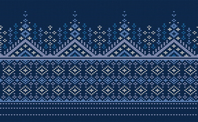 Knitted ethnic pattern, Vector cross stitch Turkish background, Embroidery decorative style, Blue and white pattern aztec motif, Design for fabric, batik, print, sweater