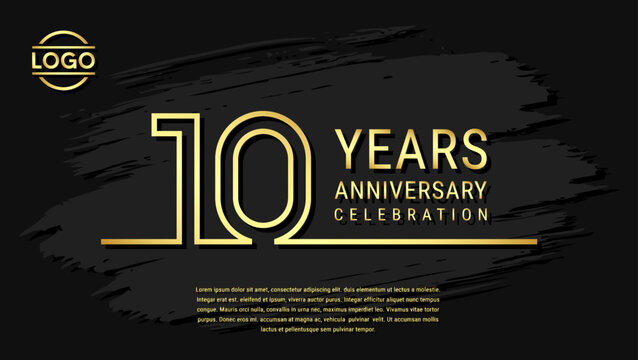 10 years anniversary celebration, anniversary celebration template design with gold color isolated on black brush background. vector template illustration