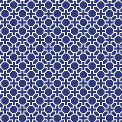White interlaced pattern on blue background. White interlocking pattern on blue backdrop.