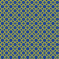 Yellow interlaced pattern on blue background. Yellow interlocking pattern on blue backdrop.