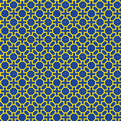 Yellow interlaced pattern on blue background. Yellow interlocking pattern on blue backdrop.