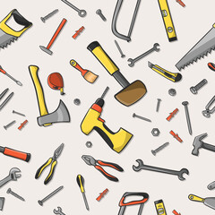 Home construction tools on a seamless brown pattern background vector illustration