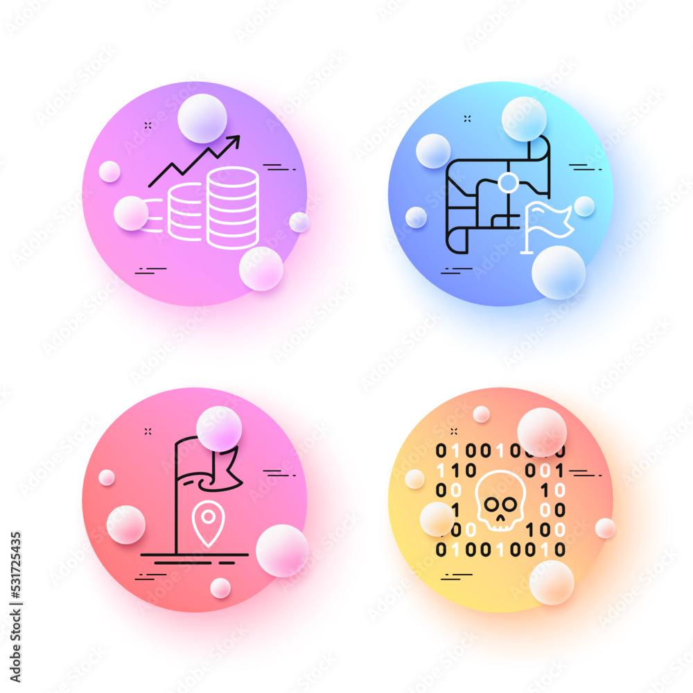 Aufkleber flag, growth chart and binary code minimal line icons. 3d spheres or balls buttons. destination flag