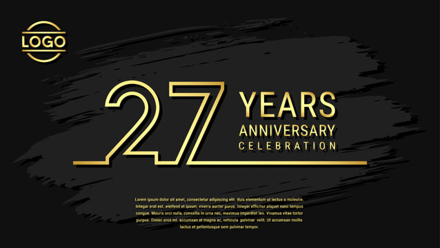 27 years anniversary celebration, anniversary celebration template design with gold color isolated on black brush background. vector template illustration