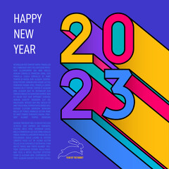 2023 colorful Happy New Year poster. Design typography logo 2023 for celebration and season decoration, banner, cover, card, social media template, branding. Vector Christmas illustration.