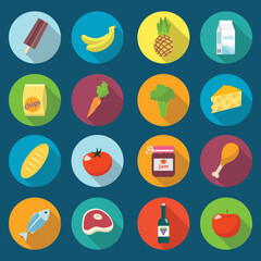 Online supermarket foods flat icons set of meat fish fruits and vegetables isolated vector illustration