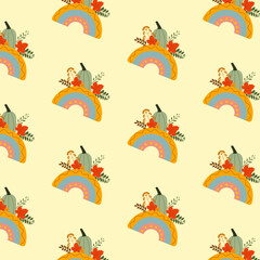 Seamless pattern with leaves and rainbow. Autumn pattern for fabric, wallpaper, gift paper.