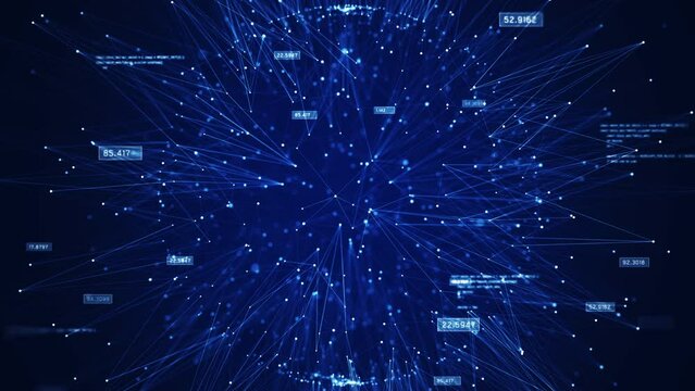 Cybersecurity data protection technology concept internet connection online network. There is a prominent shield in the middle. Polygon binary code and interconnected icons on dark blue background.