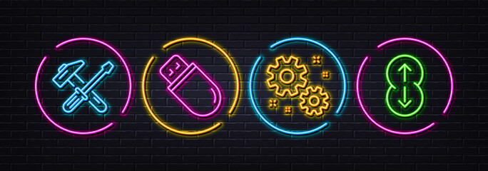 Work, Hammer tool and Usb stick minimal line icons. Neon laser 3d lights. Swipe up icons. For web, application, printing. Settings, Repair screwdriver, Memory flash. Scrolling page. Vector