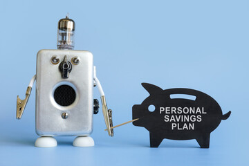 Robot and piggy bank with sign personal savings plan.