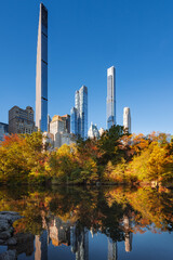 Midtown Manhattan view of Central Park in Fall with Billionaires' Row skyscrapers. New York City