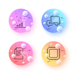 Cpu processor, Hold document and Bitcoin graph minimal line icons. 3d spheres or balls buttons. Graph chart icons. For web, application, printing. Vector