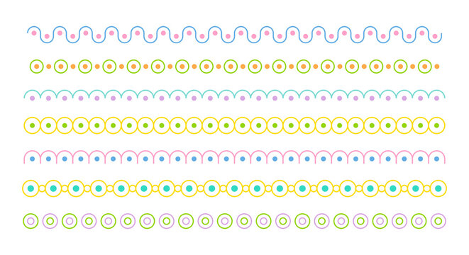 Cute, abstract and colorful decorative doodle border graphic set. Illustrated border of dot and line combination.