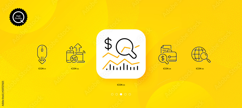 Poster check investment, 5g internet and scroll down minimal line icons. yellow abstract background. accoun